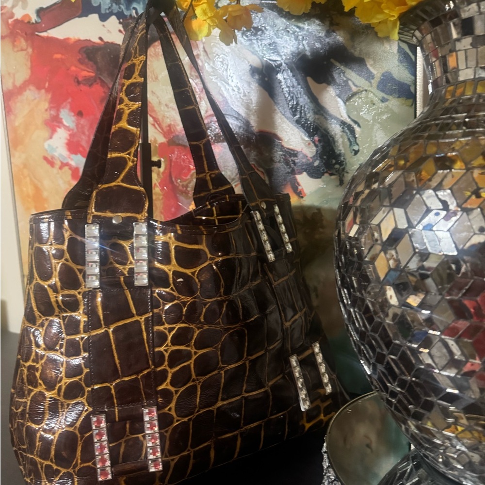 Raviani Brown Crocodile-Embossed Satchel - Picture 4 of 11